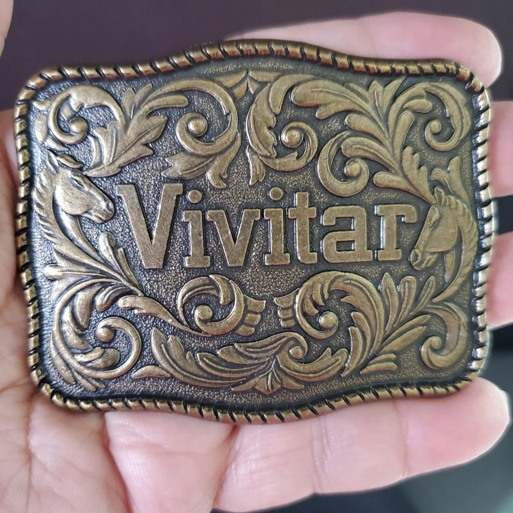 Vivitar Promo Belt Buckle Brass Tone Western Horse Floral Scroll Photography